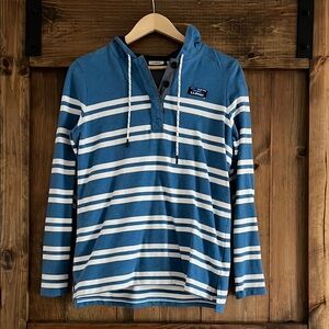 L.L. Bean Blue and White Henley Hooded Shirt